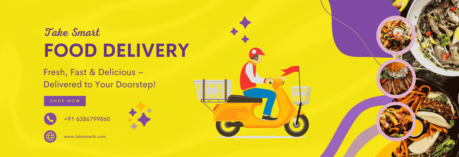 Purple and Yellow Elegant Food Delivery Service Banner Landscape